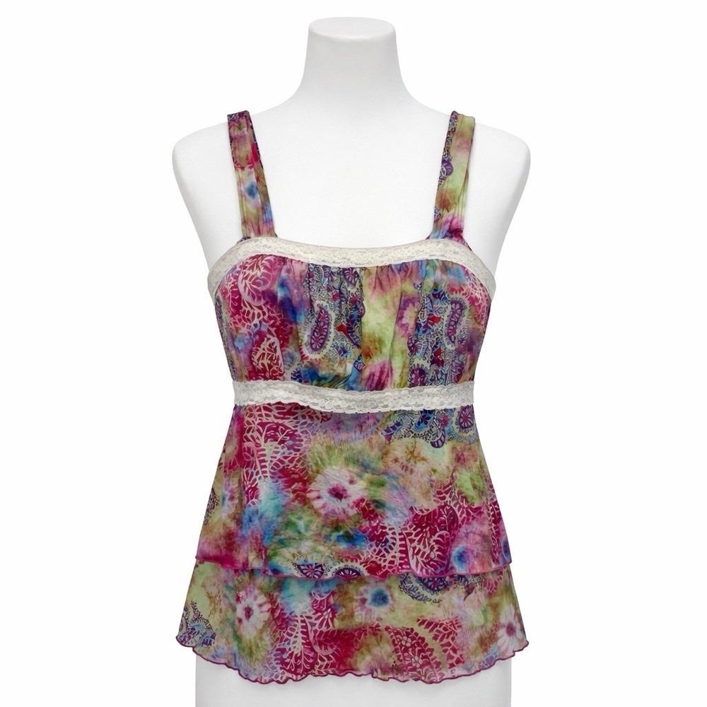 Vintage Tie Dye Paisley Lace Trim Tank Top Boho Layered Made USA 1X Babydoll Y2K